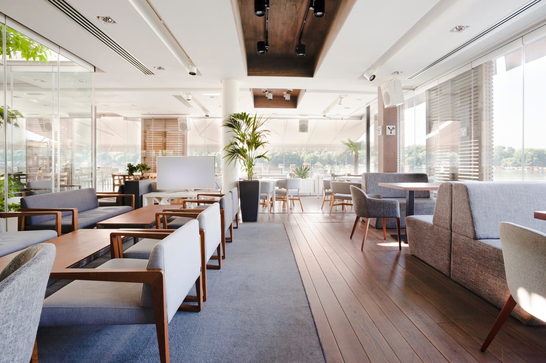 Interior of an elegant riverside cafe